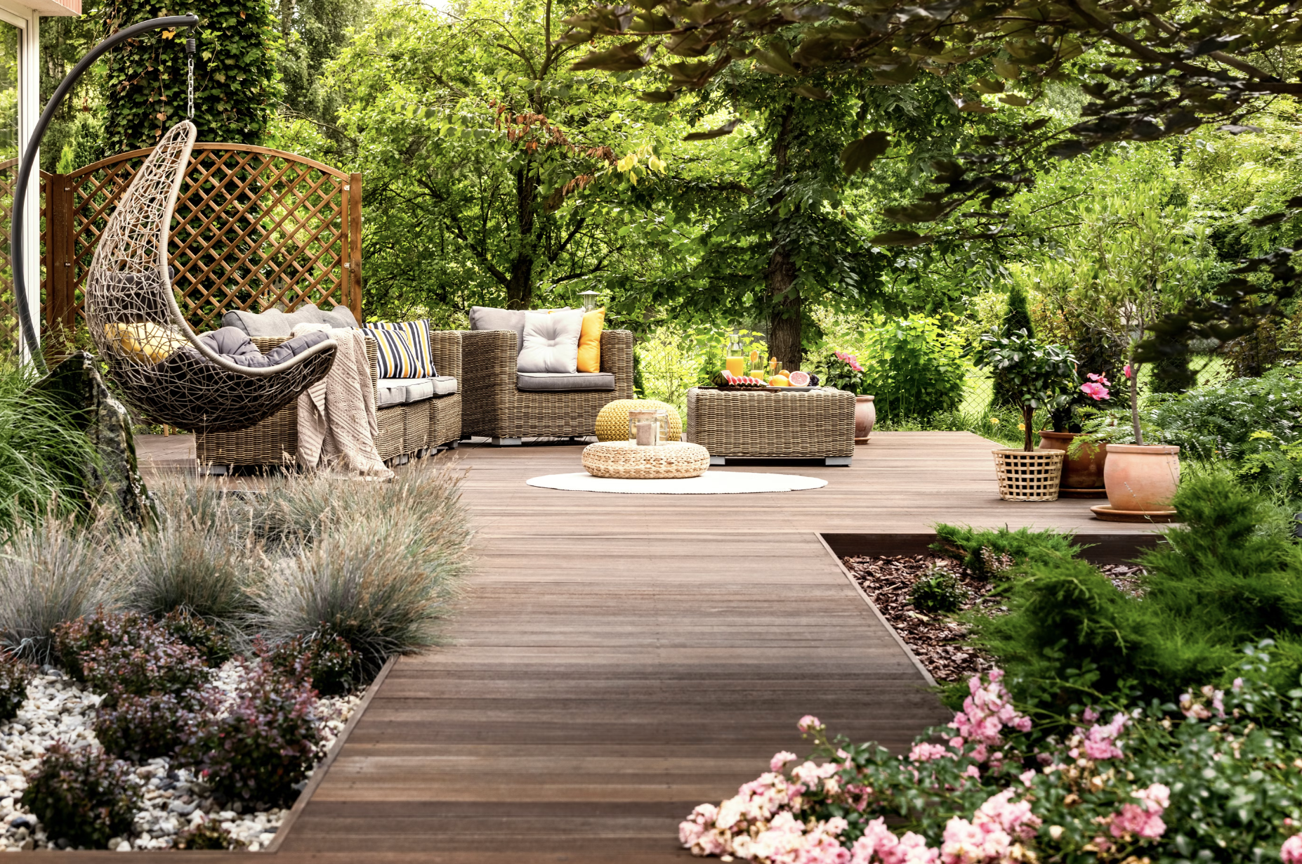 Composite decking with planted garden